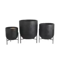 Ebern Designs Set of 3 Black Ceramic Planters with Black Reversible Metal Stands and Round Bottoms