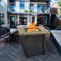 17 Stories 29 Inch Square Outdoor Gas Fire Pits Clearance 50,000 BTU With Woodgrain Tabletop, Removable Lid, Lava Rocks