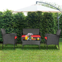 Winston Porter 4 Pcs Patio Rattan Cushioned Sofa Furniture Set With Tempered Glass Coffee Table-Red