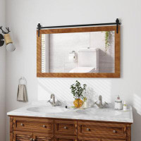 Millwood Pines 40 Inch X 26 Inch Rectangle Barn Door Style Wall Mounted Mirror With Solid Wood Frame And Metal Bracket