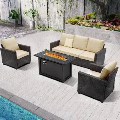 Red Barrel Studio 5 - Person Outdoor Seating Group With Fire Pit And Beige Cushions