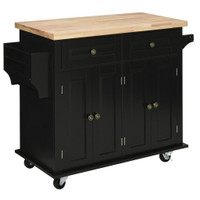 KITCHEN ISLAND WITH STORAGE, ROLLING TROLLEY CART WITH RUBBER WOOD TOP, SPICE RACK, TOWEL RACK, BLACK