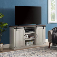 Gracie Oaks Media TV Stand Transitional Entertainment Console With Sliding Doors And Open Storage Space, Light Gray