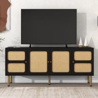 ChocoPlanet TV Stand With Rattan Door, Woven Media Console Table For Tvs Up To 70”