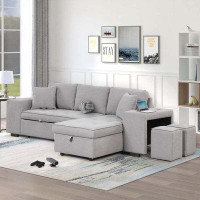 Latitude Run® 104" Pull Out Sleeper Sofa Sectional Couch with Storage Chaise and 2 Stools