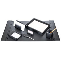 Red Barrel Studio Black Leather 7-Piece Desk Set, Silver Accent