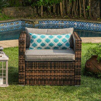 Bay Isle Home™ Hygge Outdoor Furniture All-Weather Mottlewood Brown Wicker Single Chair W Warm Grey Thick Cushions, Teal