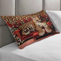 Ambesonne Ambesonne Leopard Quilted Pillowcase Big Cat on Sectional Sofa, Red Apricot Dark Salmon