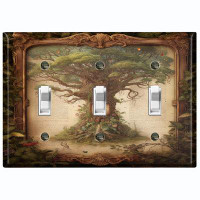 WorldAcc Metal Light Switch Plate Outlet Cover (Green Tree Of Life Frame - Triple Toggle)