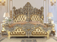 Holiday Sale Seville E-King Bed- Tan PU  Gold Finish - Hollow Carving &amp; Padded Headboard ( Bed Only, 3, 4 or 5 Pi )