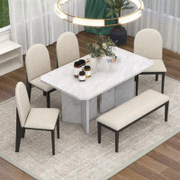 Red Barrel Studio 6-Piece Modern Style Dining Set With Faux Marble Table And 4 Upholstered Dining Chairs & 1 Bench (Gray