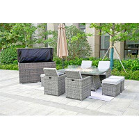 Ebern Designs Strang Gas Fire Pit Dining Table Set, 4 Chairs, 4 Ottomans, A Storage Box