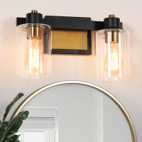 Longshore Tides 14 in. 2-Light Matte Black Industrial Wall Mount Sconce Light with Modern Gold Metal Accent