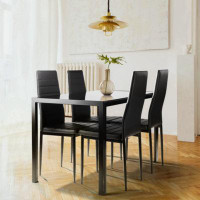 Latitude Run® 5 Pieces Dining Table Set For 4,Kitchen Room Tempered Glass Dining Table ,4 Faux Leather Chairs ,Black