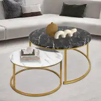 Mercer41 Johney Modern Marble Effect Nesting Round Coffee Table with Circular Golden Frame