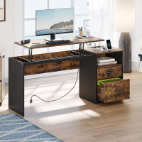 17 Stories 59.8" Lift Top Computer Desk with File Drawer, Large Study Desk with Power Outlet USB Port