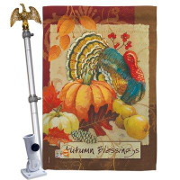 Breeze Decor Autumn Blessings Turkey - Impressions Decorative Aluminum Pole & Bracket House Flag Set HS113070-BO-02