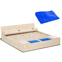 Foundry Select Kids Wooden Sandbox W/ Two Plastic Boxes Foldable Bench Seat Waterproof Cover Bottom Liner Storage Space