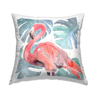 East Urban Home Pink Tropical Flamingo Green Monstera Plant Leaves Printed Throw Pillow Design By Annie Warren