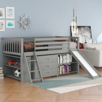 Harriet Bee Low Loft Bed With Attached Bookcases And Separate 3-Tier Drawers