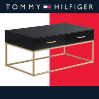 Tommy Hilfiger Tommy Hilfiger Ellias Modern Coffee Table with Two Drawers, Glossy Black Top, Golden Metal Frame