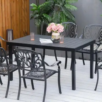 4.6ft x 3ft Aluminum Anti-Rust Outdoor Patio Dining Table for 6 w Woodgrain Plastic Top, Black