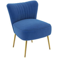 VELVET LOUNGE CHAIR, MODERN ACCENT CHAIR FOR LIVING ROOM WITH GOLD STEEL LEGS AND TUFTING BACKREST, DARK BLUE