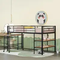 Mason & Marbles Twin Size Metal Loft Bed, Independent Table With Wheels , Two Shelves