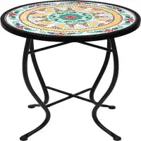 Charlton Home 14 Inch Round Side Ceramic Tile Top Indoor and Outdoor Accent Table, Greek