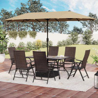 Lark Manor Mix And Match 7-piece Metal Pe Rattan Wicker Folding Outdoor Dining Set With Umbrella, Reclining Chairs, Wood