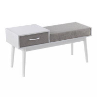 Corrigan Studio Telephone Contemporary Bench In White Wood And Grey Fabric With Pull-Out Drawer By Lumisource