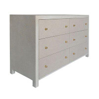 Worlds Away Six Drawer Chest In Grey Grasscloth With Grey Linen Drawers And Brass Hardware