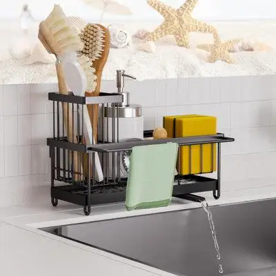cangbaoge Rust-Resistant Stainless Steel Kitchen Sink Caddy, 360° Rotatable Drain, Removable Brush Rack