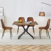 George Oliver Modern Minimalist Lifting Table Set With Wood Grain Top And 4 Upholstered Chairs, Black Metal Legs