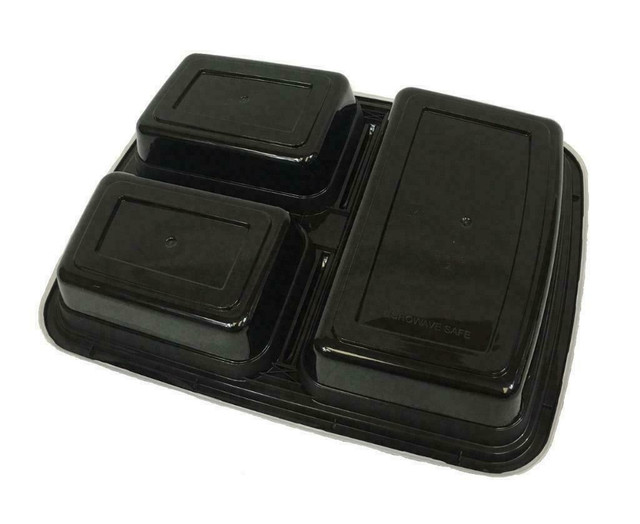 Black 32 oz 9'' x 7'' x 2'' 3 Compartment Rectangular Microwaveable Take Out Containers with Lids (50/CS) in Other - Image 2