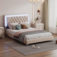 Mercer41 Modern Full Size Velvet Upholstered Bed Frame With LED Lights