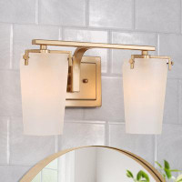 Everly Quinn Elegant Brass 2-Light Glam Bathroom Vanity Light With Cylinder Frosted Glass Shades For Powder Room