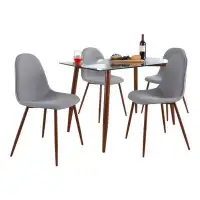 LumiSource Clara-Pebble Mid-Century Modern Dining Set In Walnut Metal, Clear Glass Tabletop And Grey Fabric Seat - 5 Pie