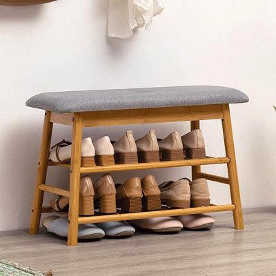 Breakwater Bay Breakwater Bay Shoe Rack Storage Bench - Bamboo Shoe Shelf With Cushioned Seat And Organizer Compartment, in Couches & Futons