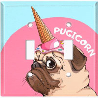 WorldAcc Metal Light Switch Plate Outlet Cover (Pugicorn Dog Ice Cream Blue Pink - Single Toggle)