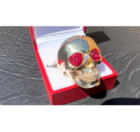 #499 - 10k Gold, Custom Made Ruby and Diamond Skull Ring, Size 11