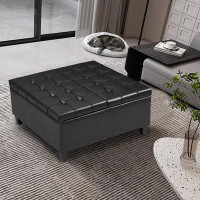 Wildon Home® Large Square Faux Leather Storage Ottoman | Coffee Table For Living Room & Bedroom (Black)
