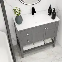 TOLOYE Meuble-lavabo de salle de bain en bois massif avec tiroirs à fermeture en douceur et lavabo