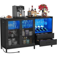 Rubbermaid Wine Bar Cabinet With Charging Station And LED Lights, Liquor Cabinet Bar With Wine Rack, Industrial Sideboar