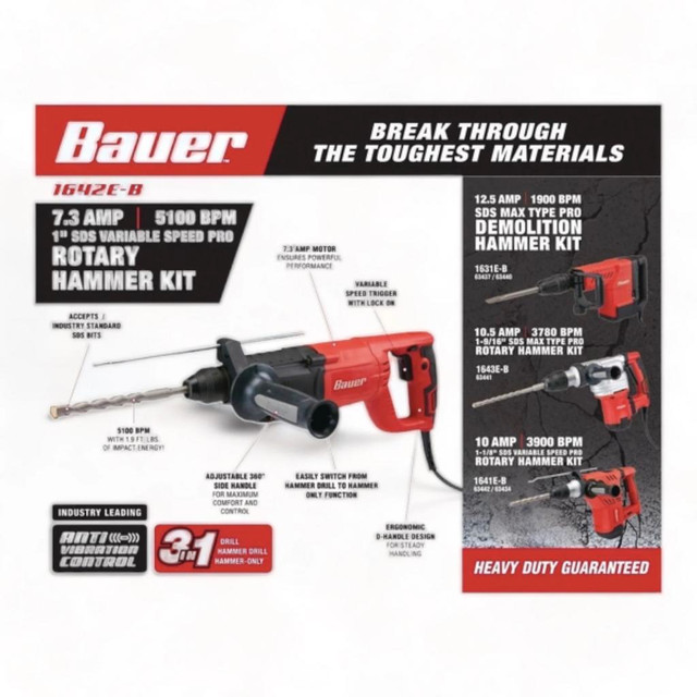 HOC HK1 BAUER 1 INCH SDS PLUS TYPE VARIABLE SPEED ROTARY HAMMER KIT + 90 DAY WARRANTY + FREE SHIPPING in Power Tools - Image 4