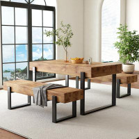 Union Rustic 3-Piece Dining Table Set For 4 People, 59" Kitchen Table Set With 2 Bench, Dining Room Table With Heavy-Dut