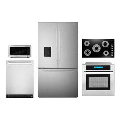 Cosmo 5 Piece Kitchen Package With 36" Electric Cooktop 24" Single Electric Wall Oven 17.3" Built-in Microwave French Do in Refrigerators