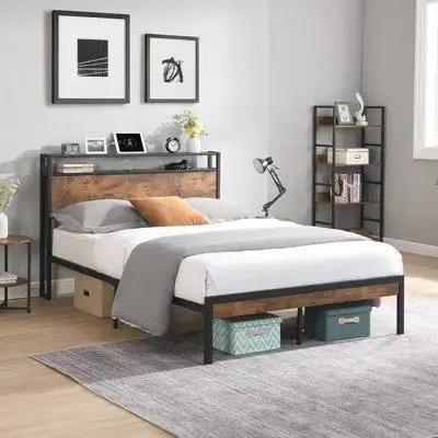17 Stories Weatherwalk Queen Size Metal Platform Bed Frame With Wooden Headboard And Footboard With USB LINER