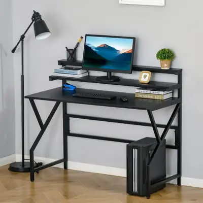 Modern Compact Computer Home Office Study Desk w/ Monitor Stand Shelf Furniture – Black, Metal
