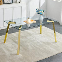 Mercer41 Modern Minimalist Style Rectangular Glass Dining Table With Tempered Glass Tabletop And Golden Metal Legs, Suit
